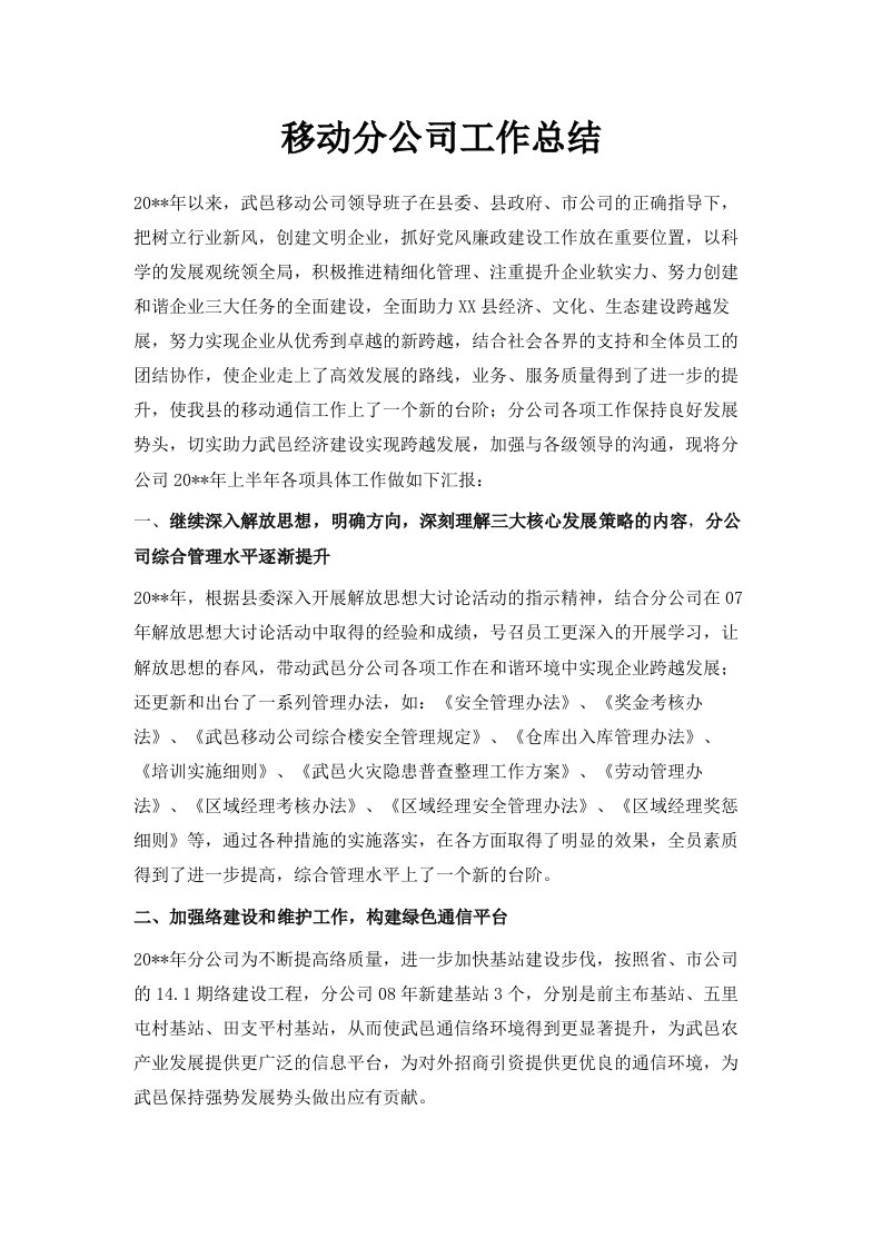 移动分公司工作总结