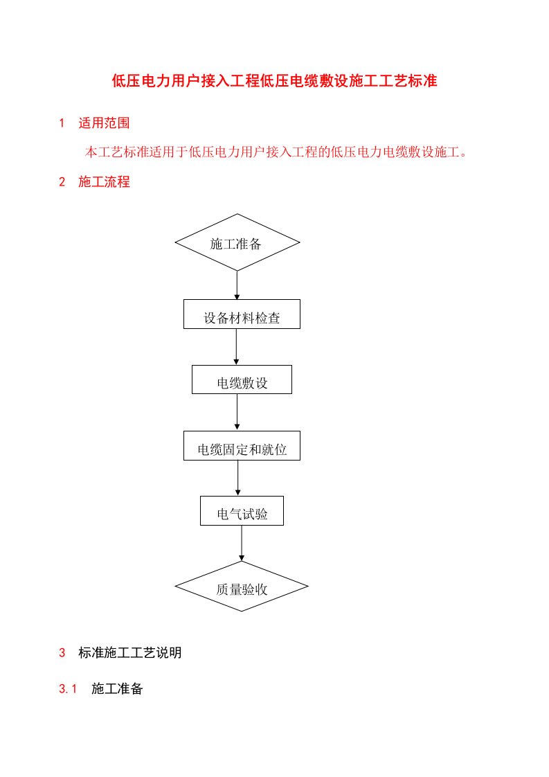 《低压电力用户接入工程低压电缆敷设施工工艺标准》（初稿）2011