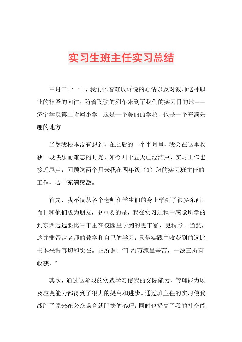 实习生班主任实习总结