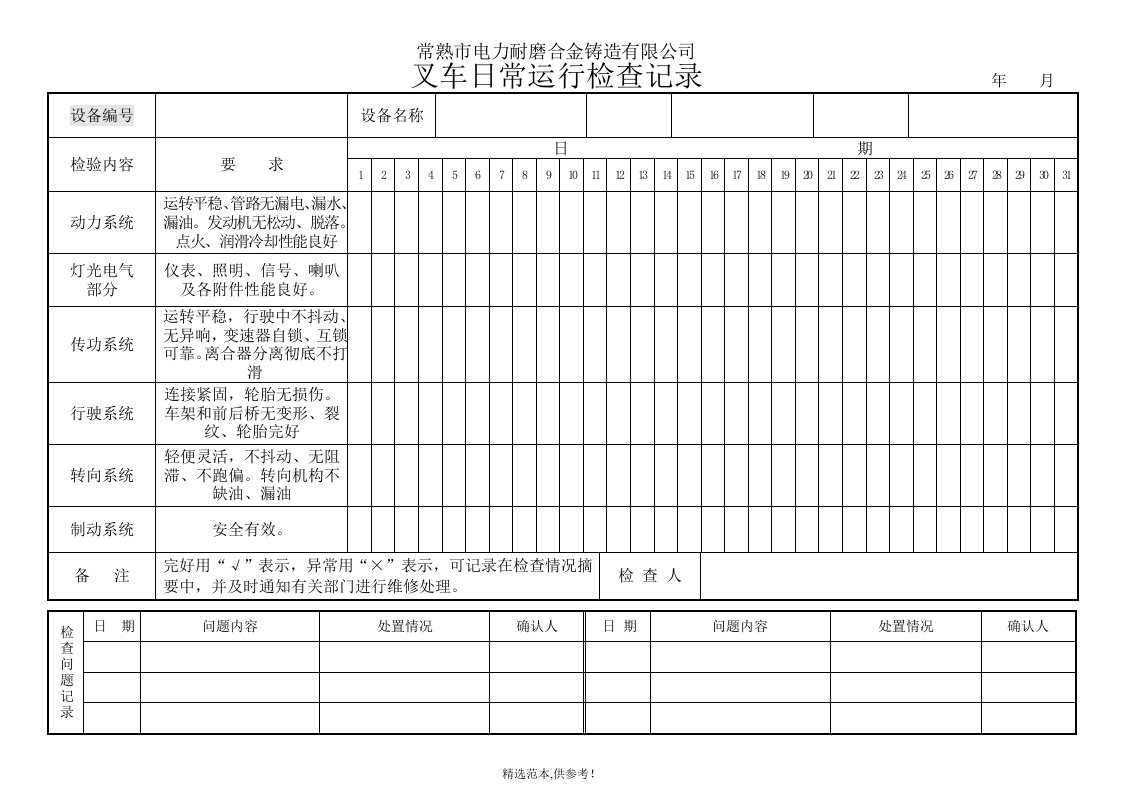 叉车日常运行检查记录