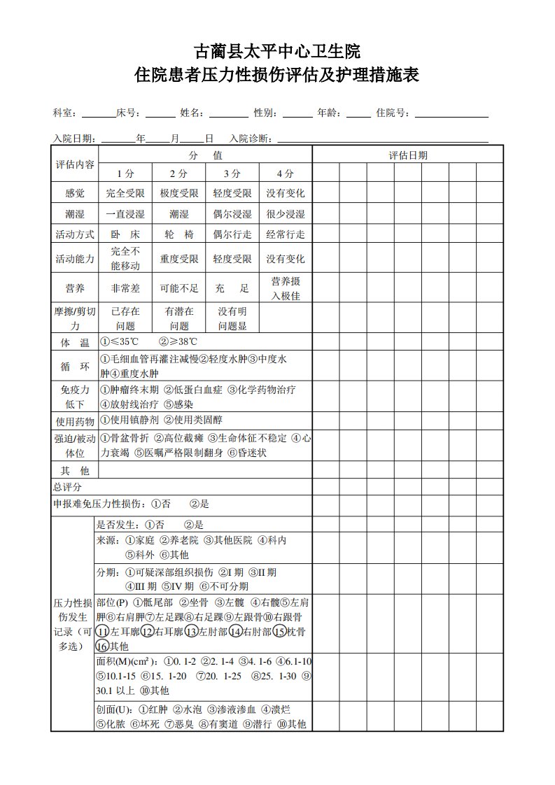 住院患者压力性损伤评估及护理措施表