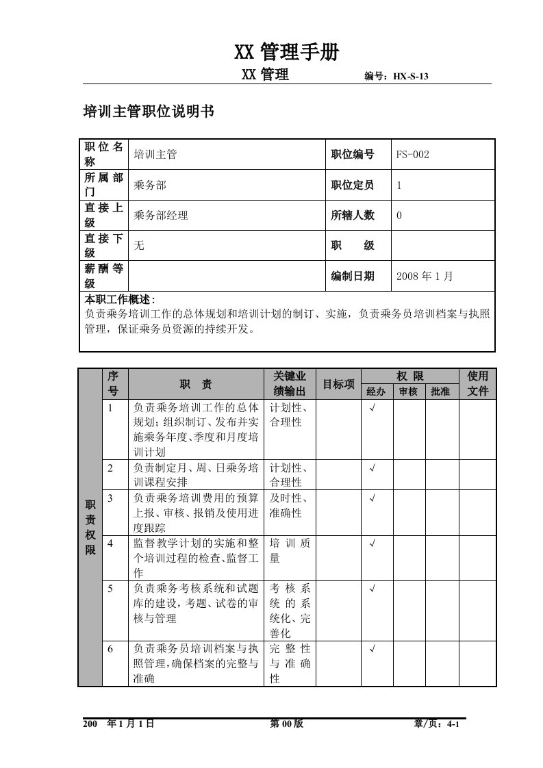 某航空物流公司培训主管职位说明书及关键绩效标准