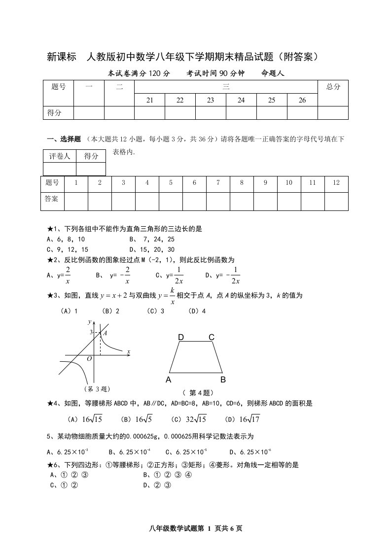 新课标　人教版初中数学八年级下学期期末精品试题（附答案）