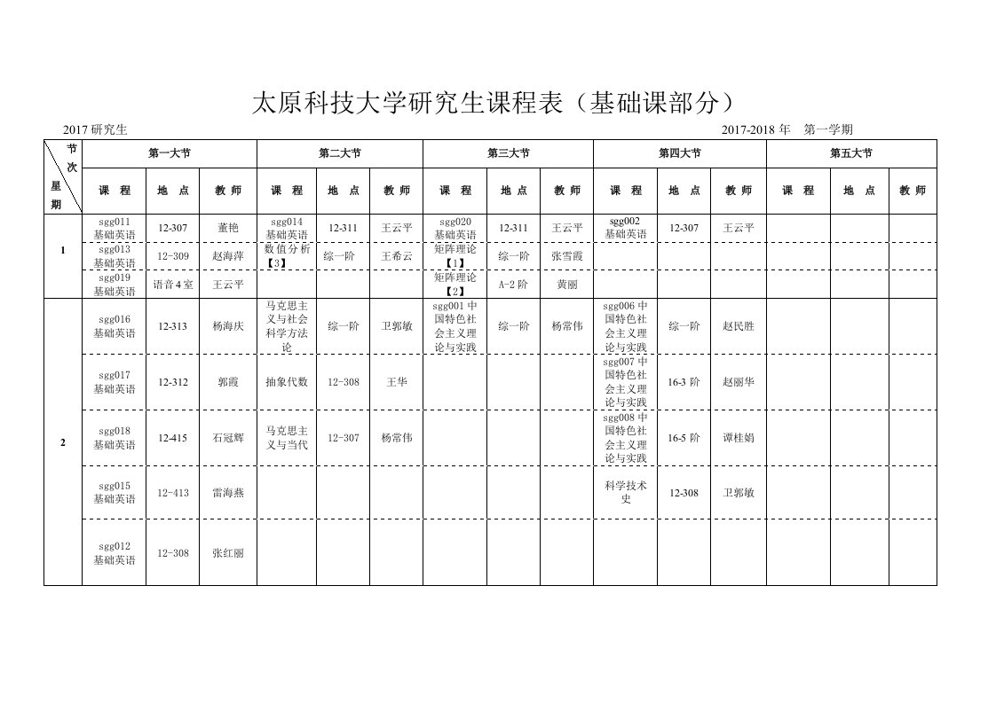 太原科技大学研究生课程表（基础课部分）