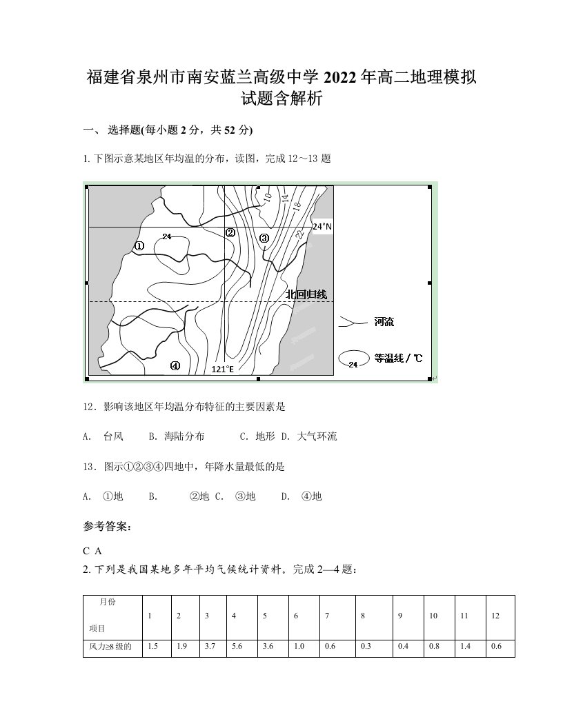 福建省泉州市南安蓝兰高级中学2022年高二地理模拟试题含解析