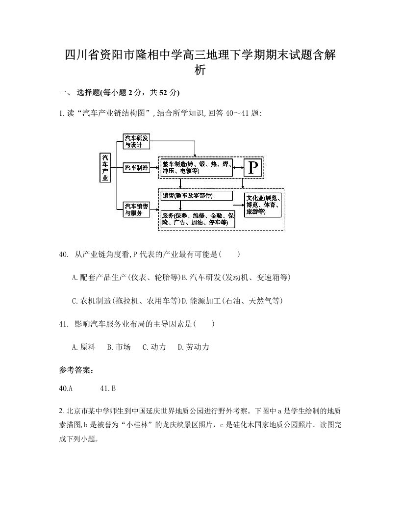 四川省资阳市隆相中学高三地理下学期期末试题含解析