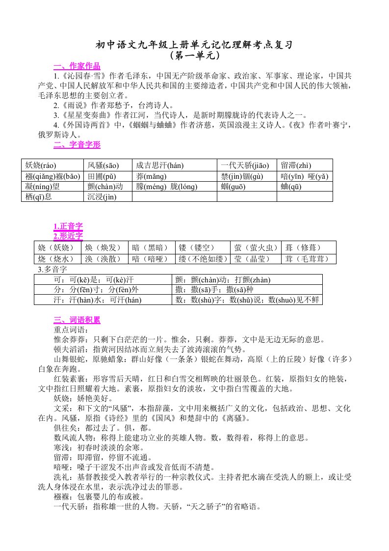 人教版语文九年级上册单元记忆理解考点复习(第1-3单元)