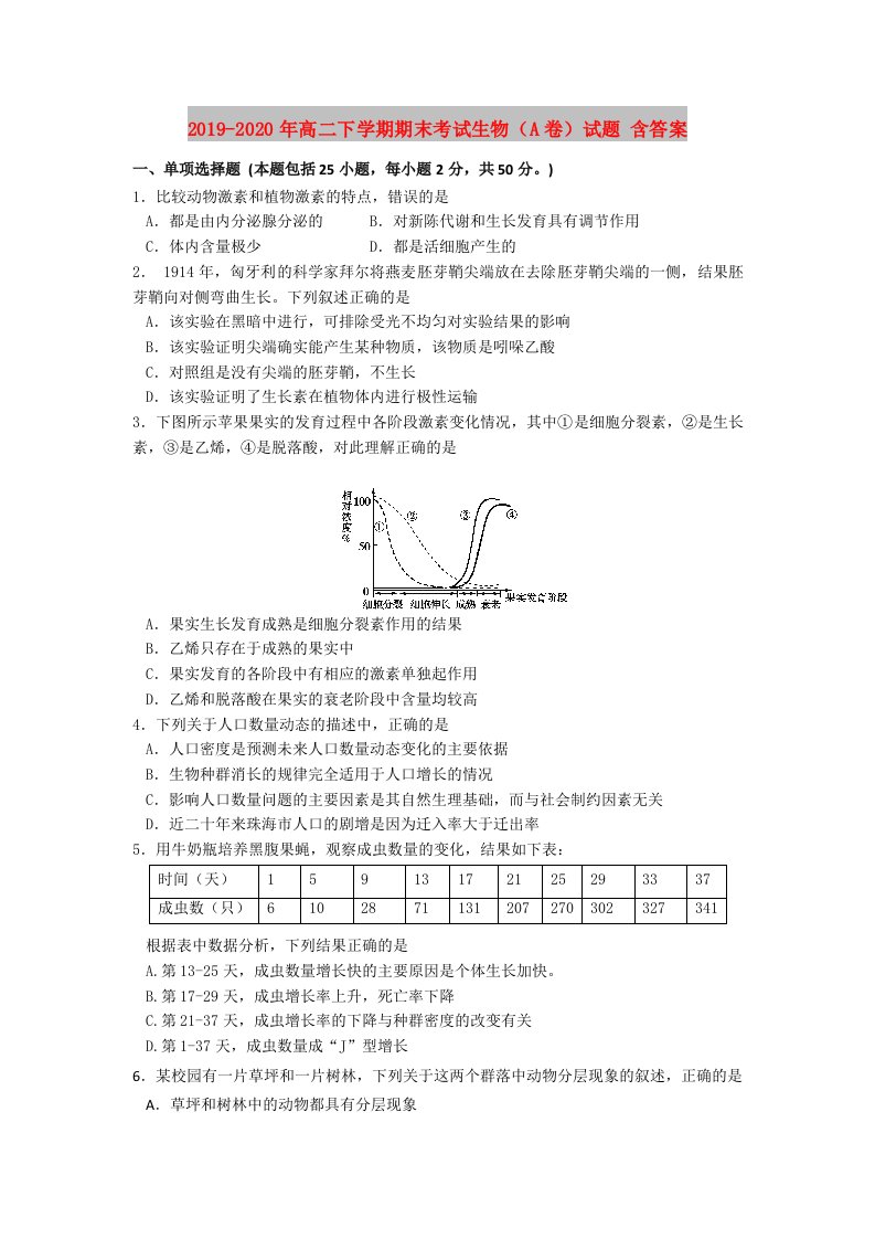 2019-2020年高二下学期期末考试生物（A卷）试题