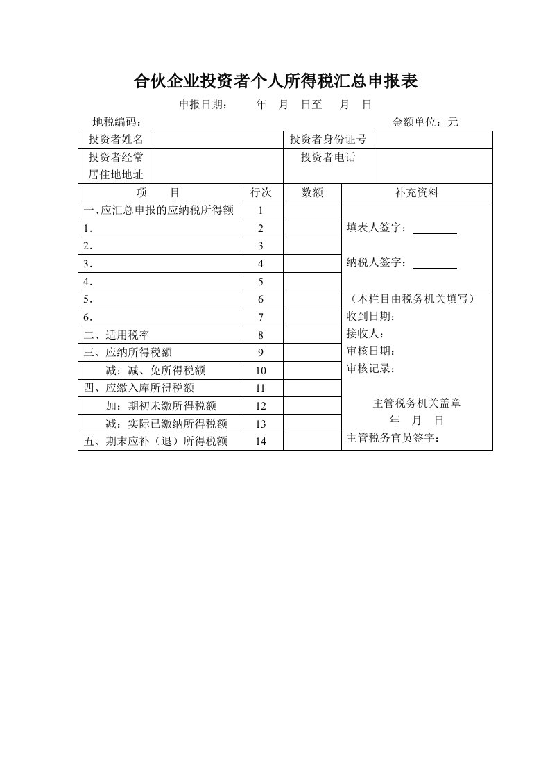 合伙企业投资者个人所得税汇总申报表