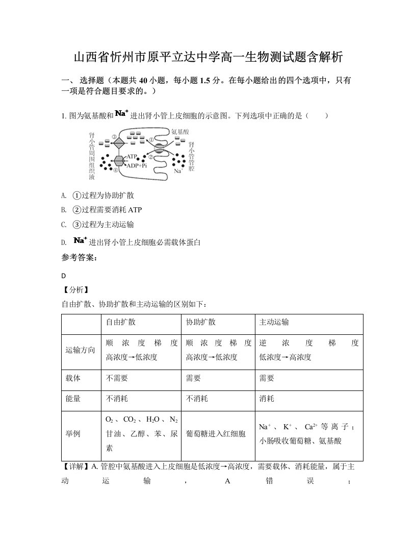 山西省忻州市原平立达中学高一生物测试题含解析