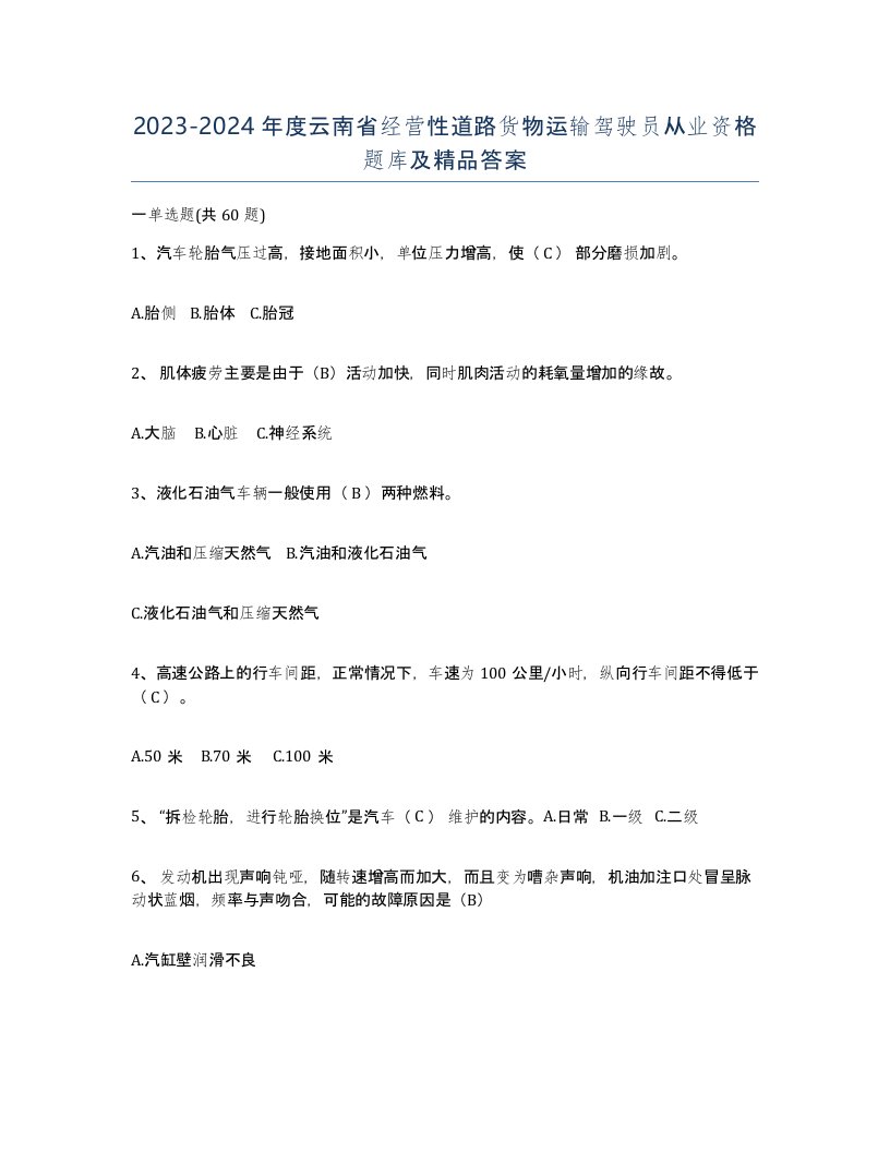 2023-2024年度云南省经营性道路货物运输驾驶员从业资格题库及答案