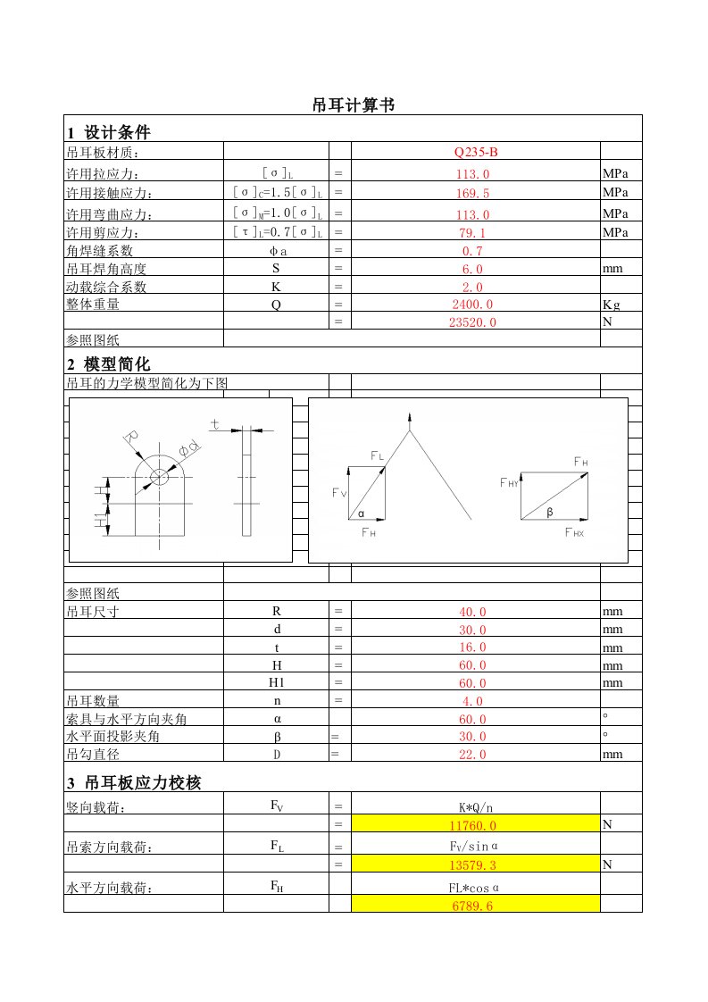 吊耳计算表