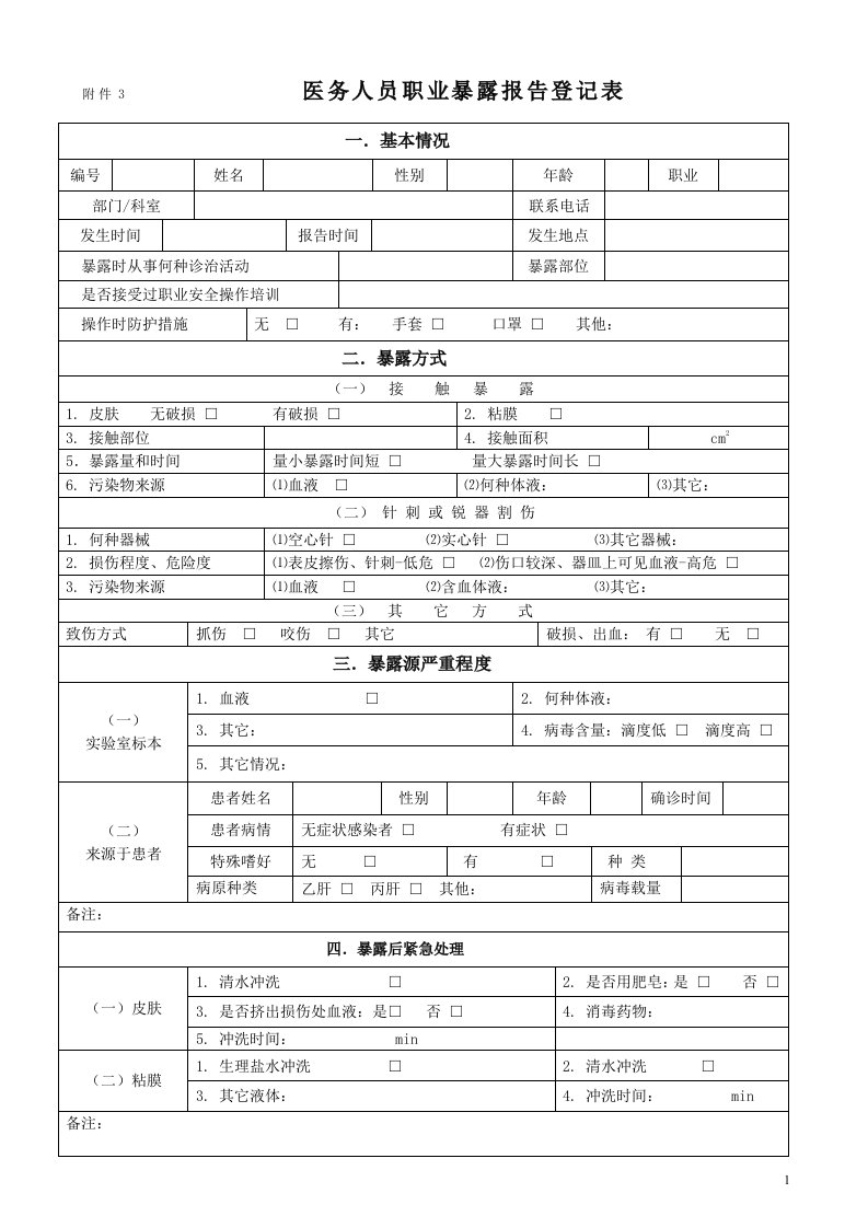 医务人员职业暴露报告登记表