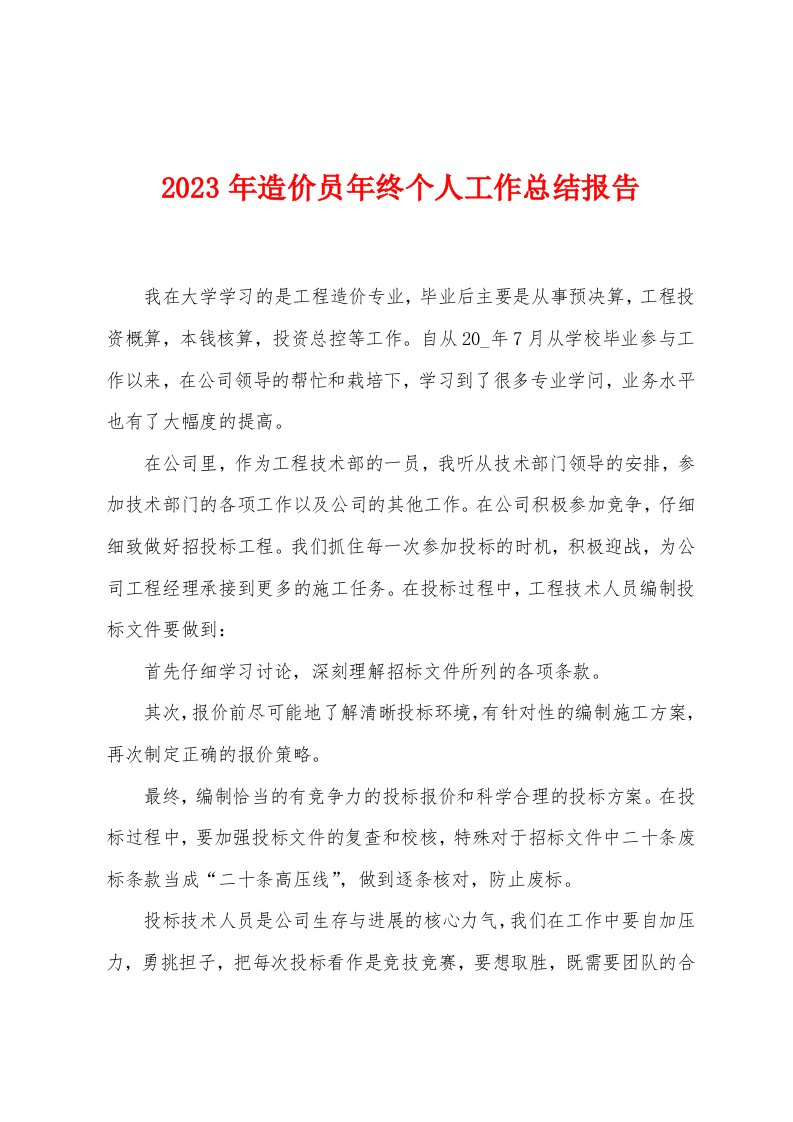 2023年造价员年终个人工作总结报告