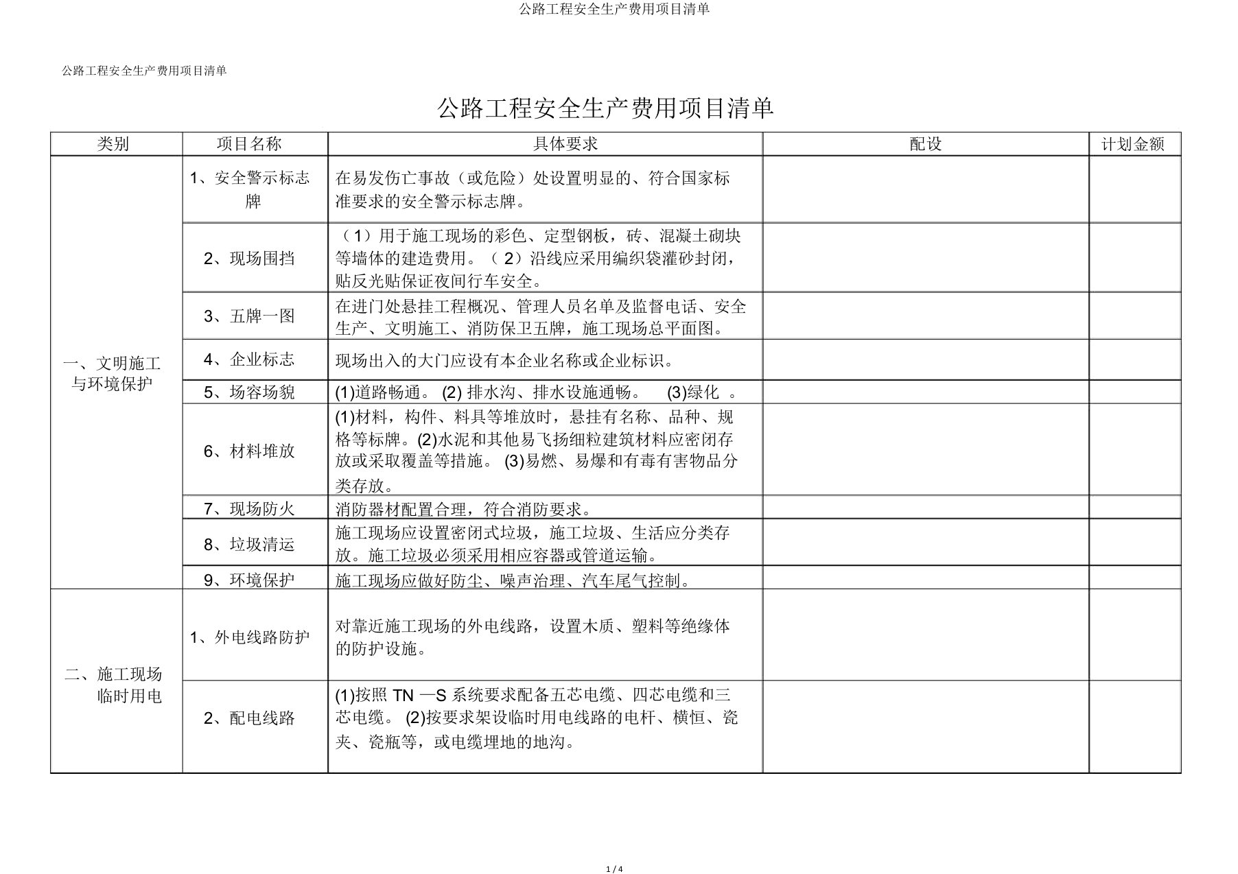 公路工程安全生产费用项目清单