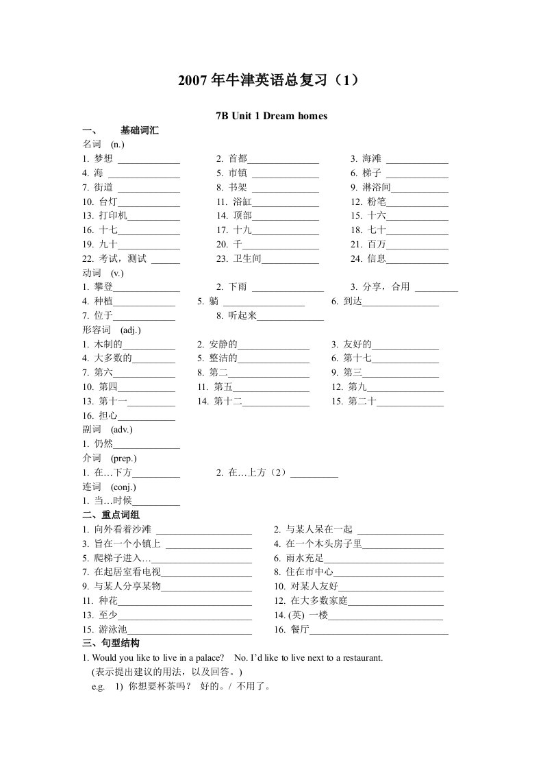 牛津初中英语7B词汇词组语法