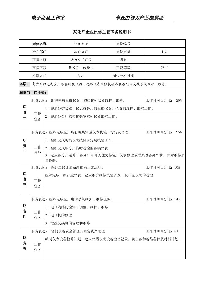 某化纤企业仪修主管职务说明书