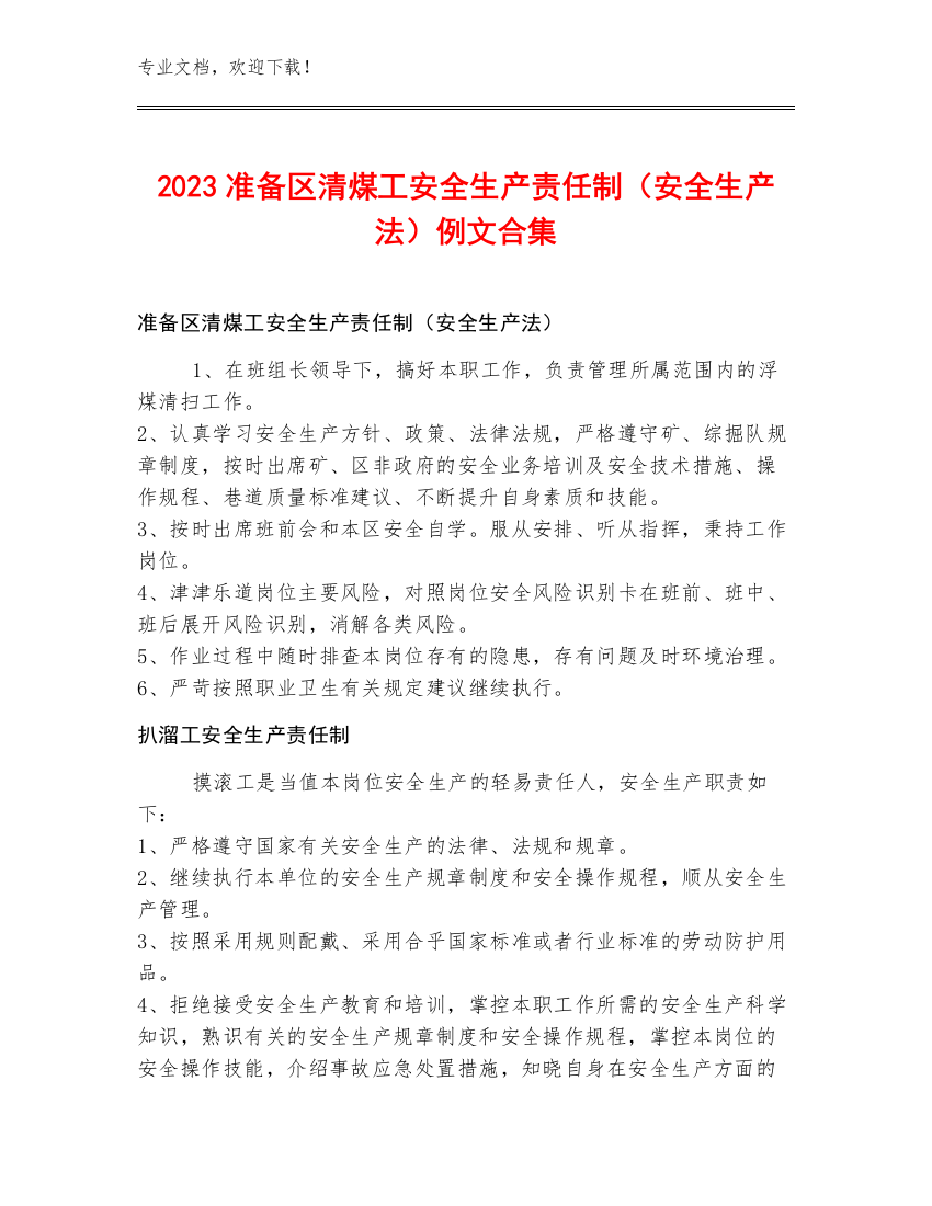 2023准备区清煤工安全生产责任制（安全生产法）例文合集