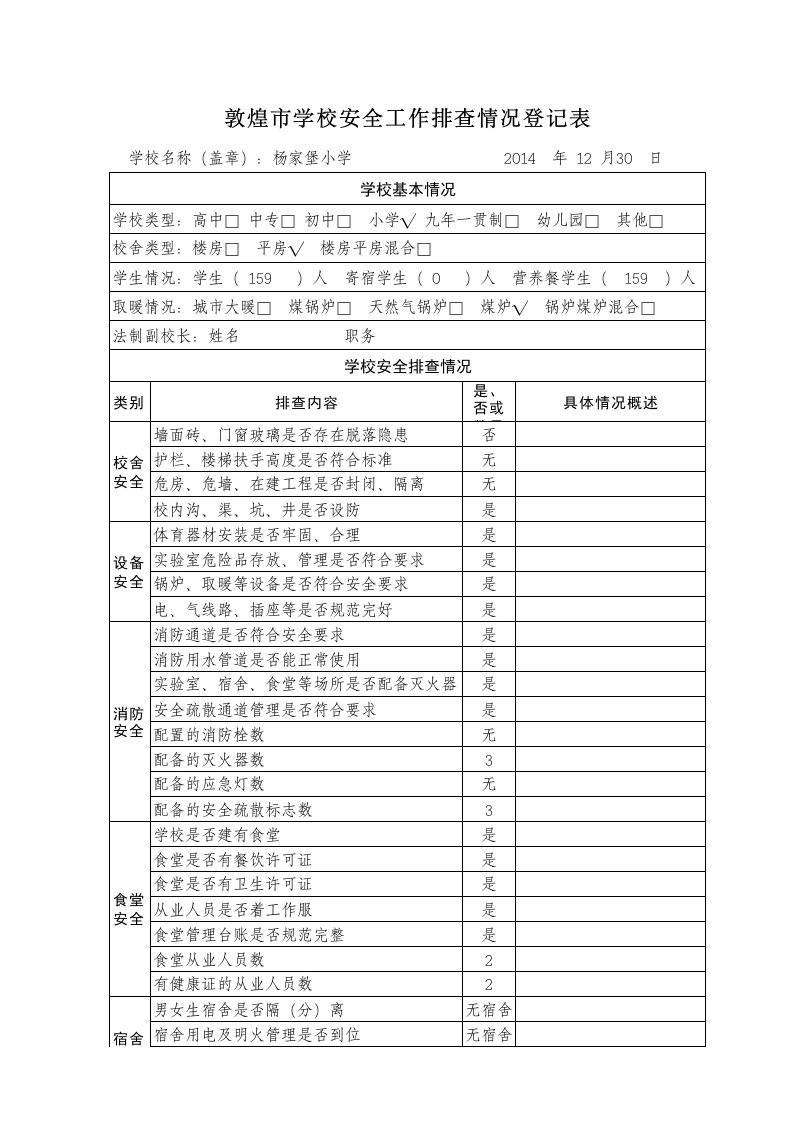 杨家堡小学保安登记表、排查登记表2014.12.29