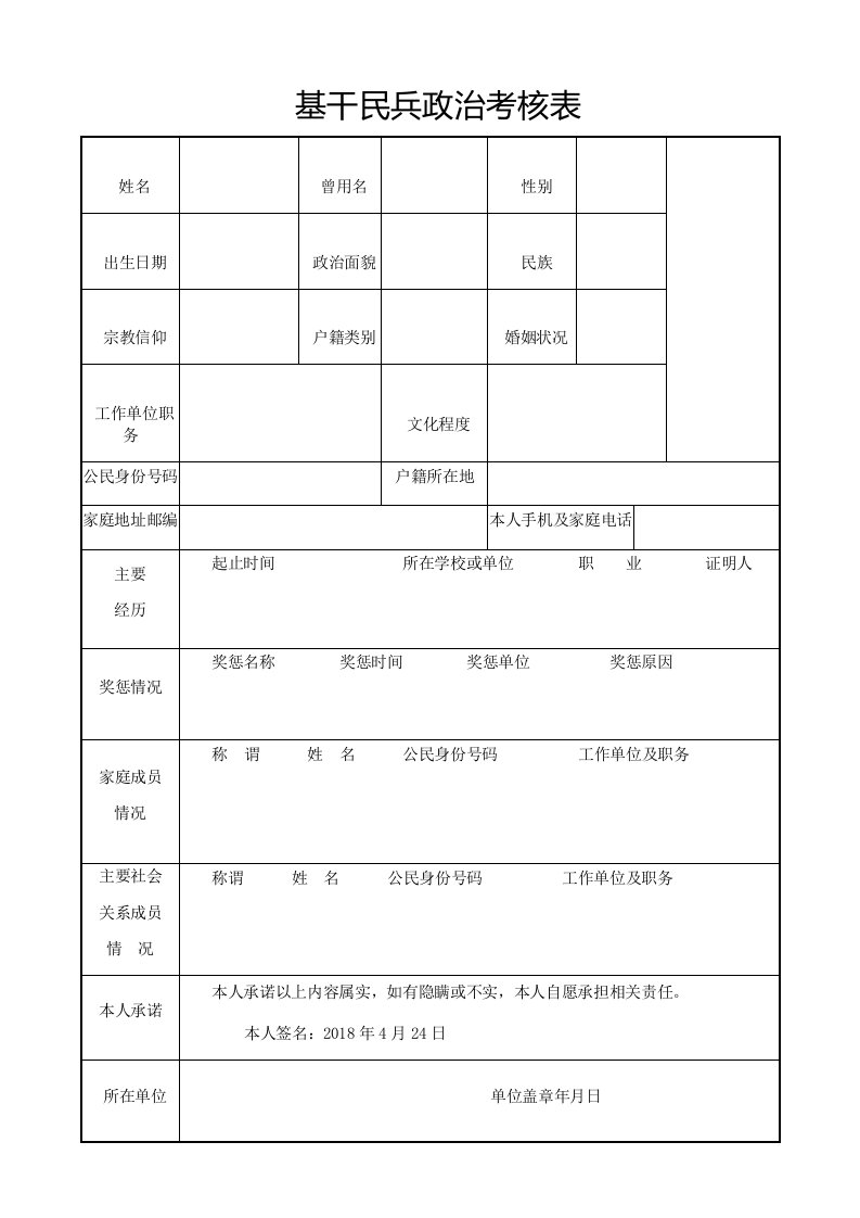 基干民兵政治考核表格模板