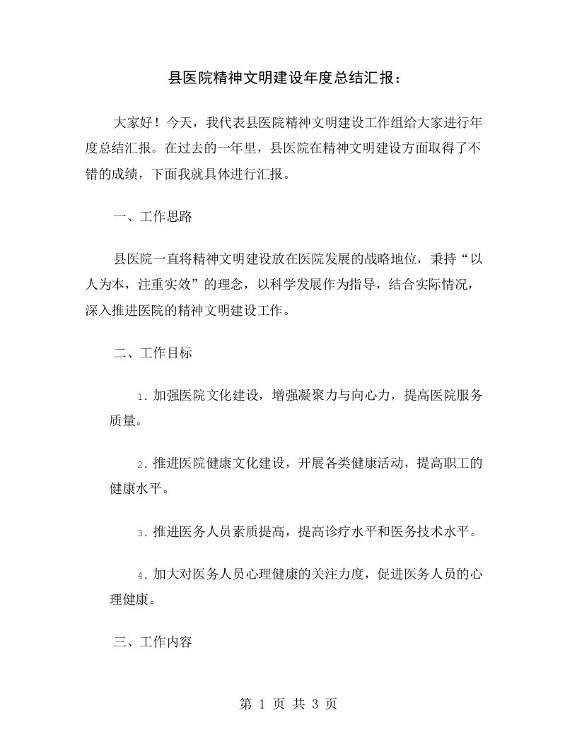 县医院精神文明建设年度总结汇报