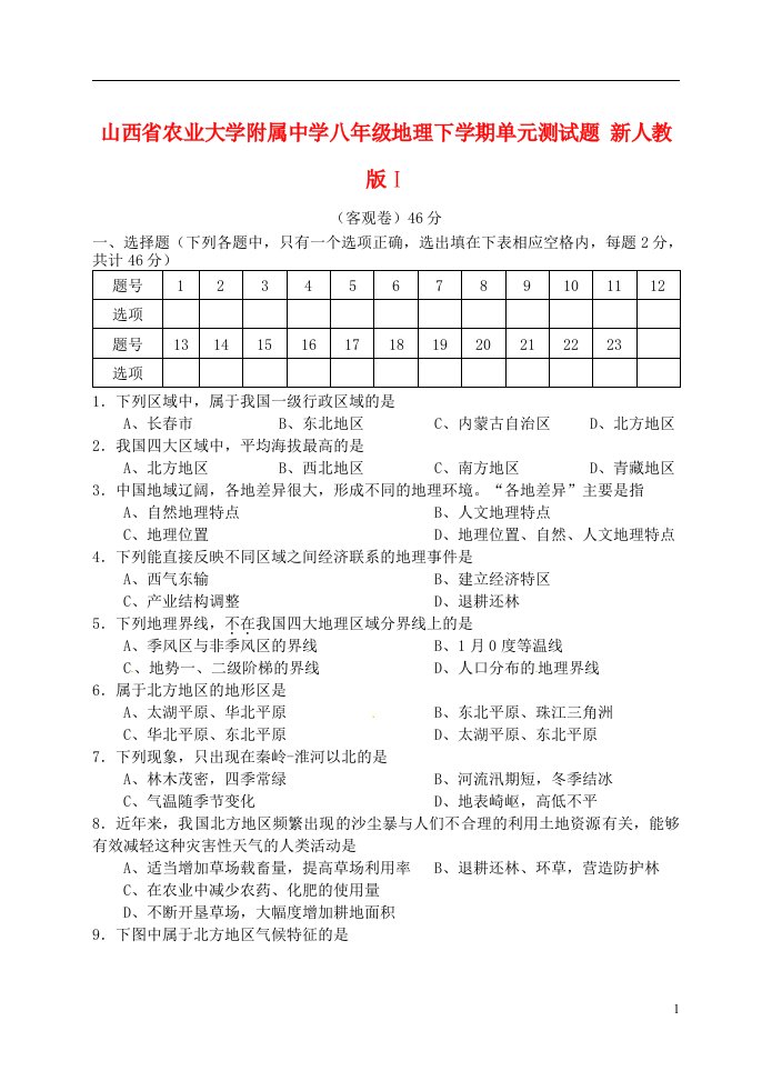 山西省农业大学附属中学八级地理下学期单元测试题