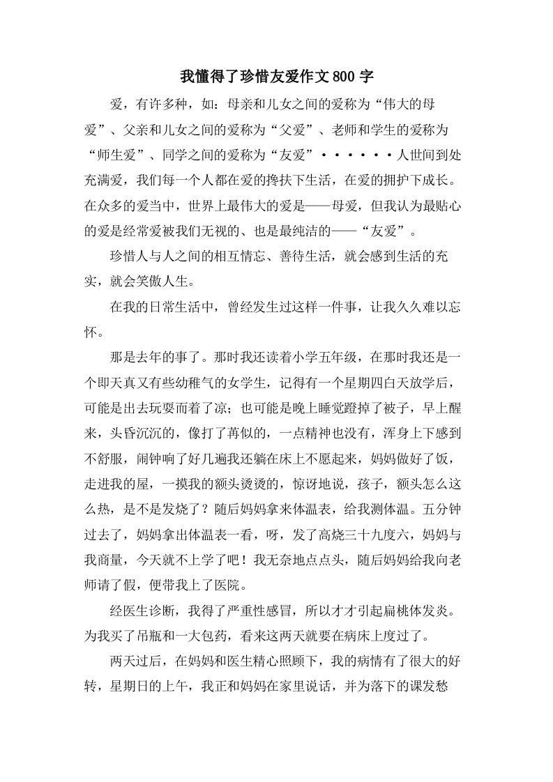 我懂得了珍惜友爱作文800字