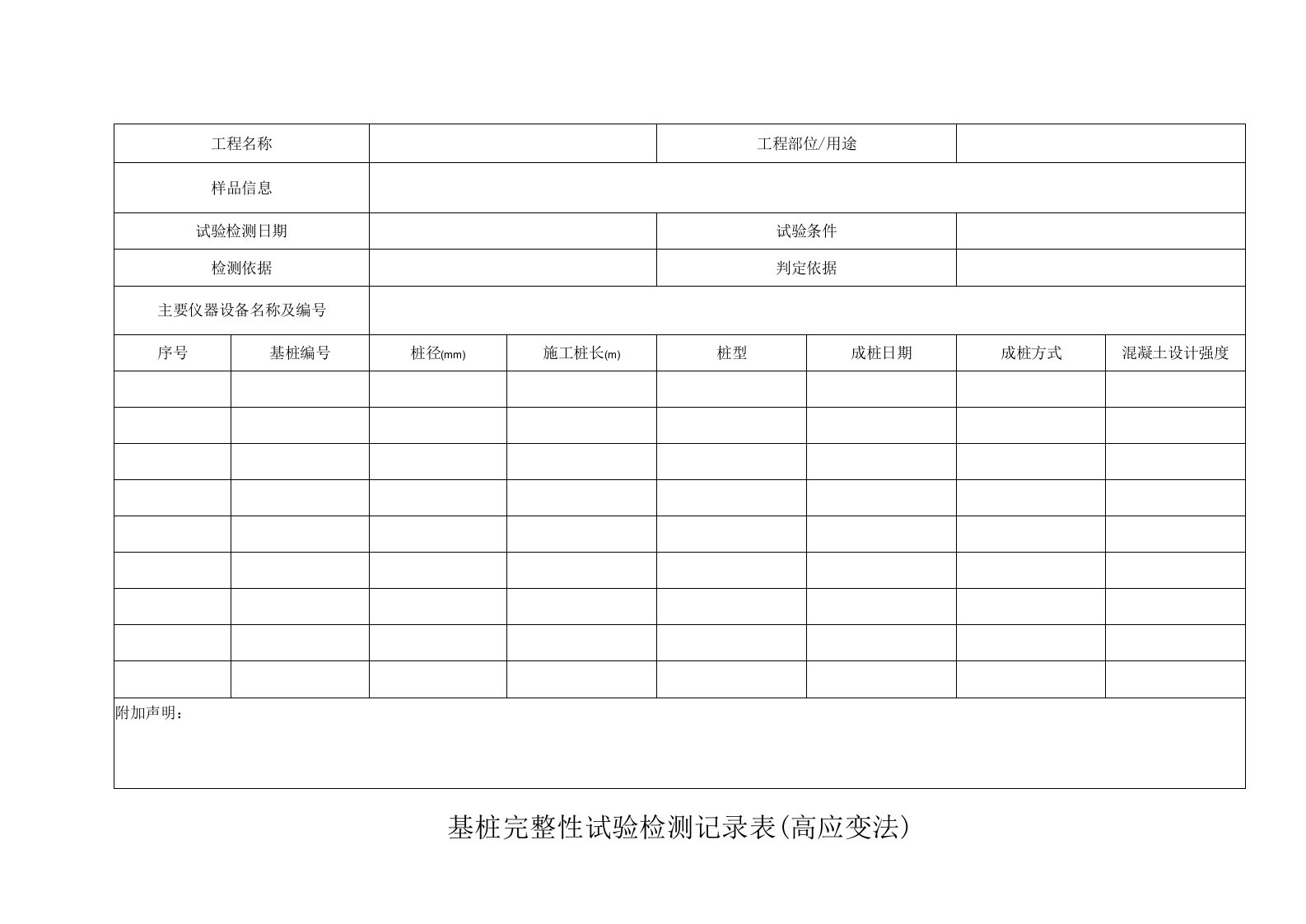 基桩完整性试验检测记录表(