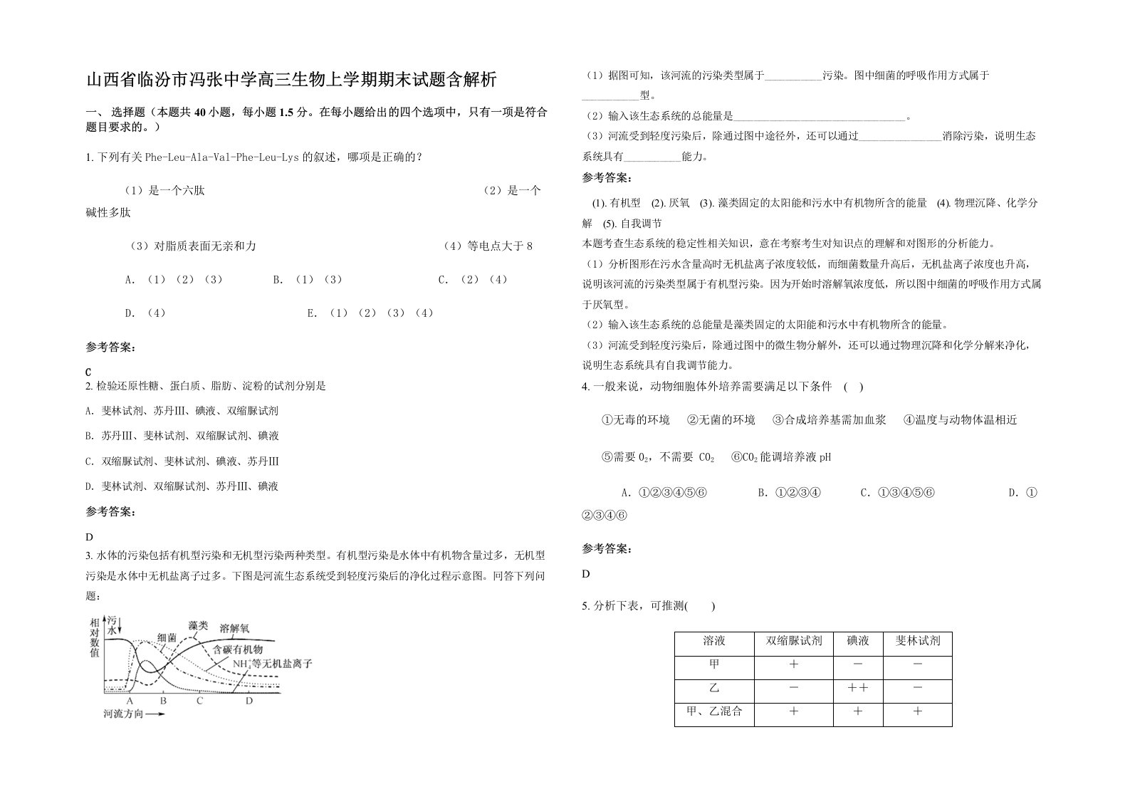 山西省临汾市冯张中学高三生物上学期期末试题含解析