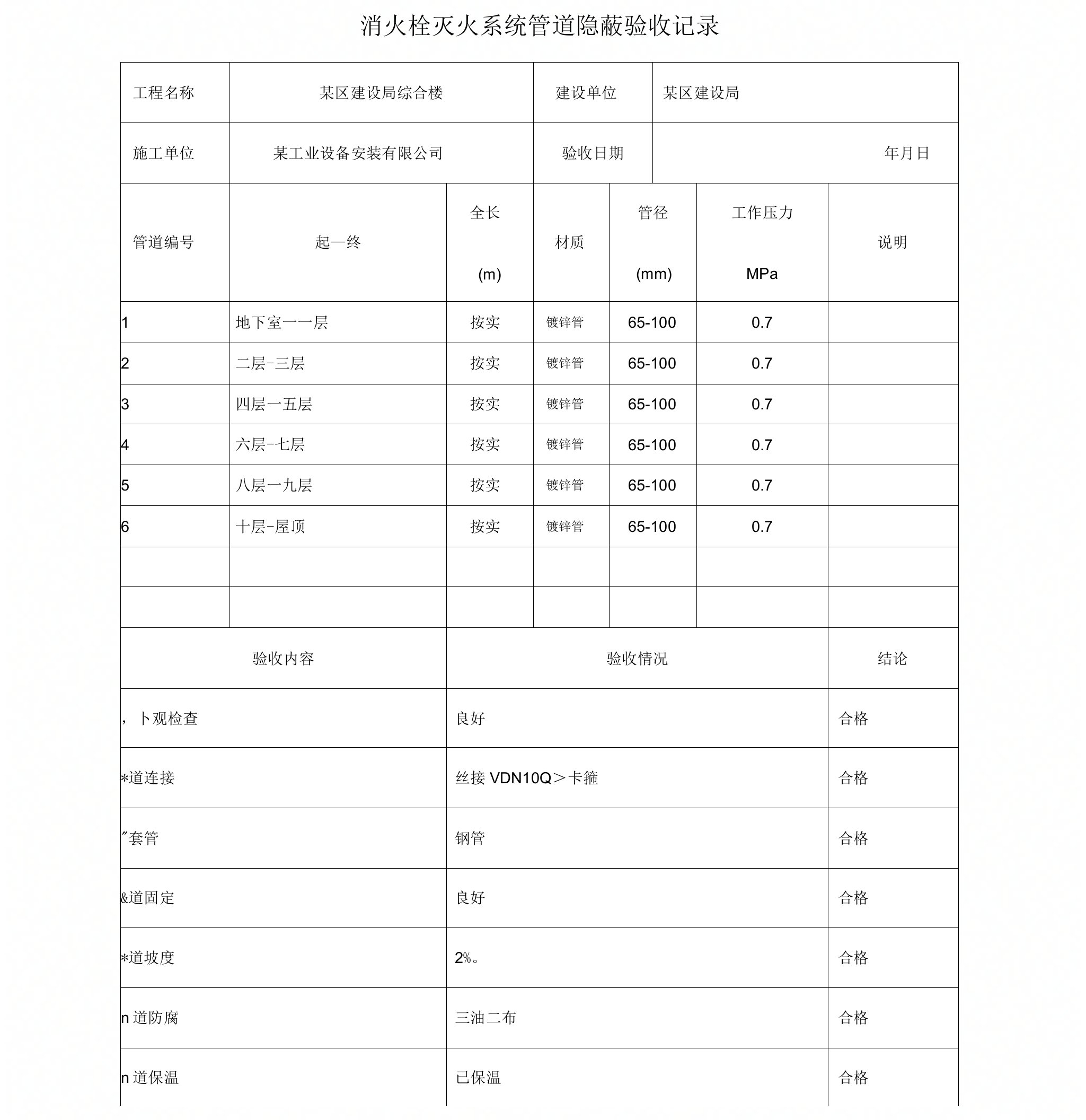 消火栓灭火系统管道隐蔽验收记录