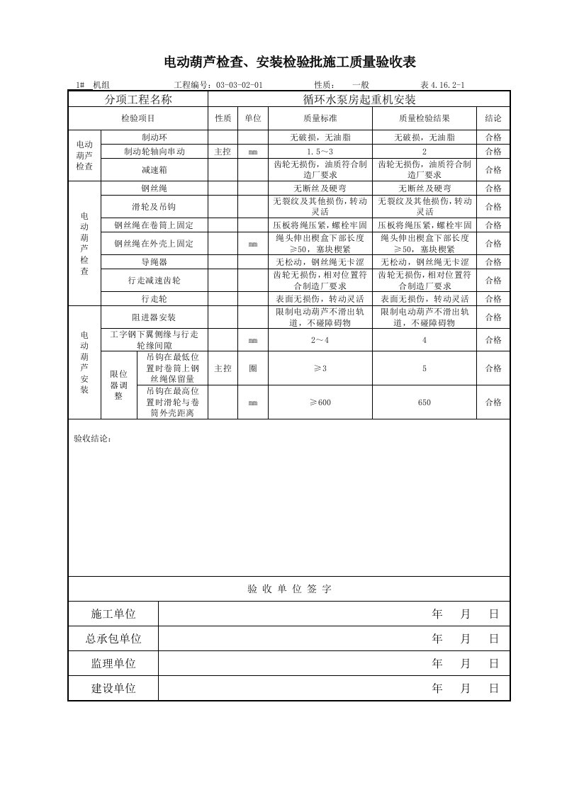 电动葫芦检查安装检查验收表