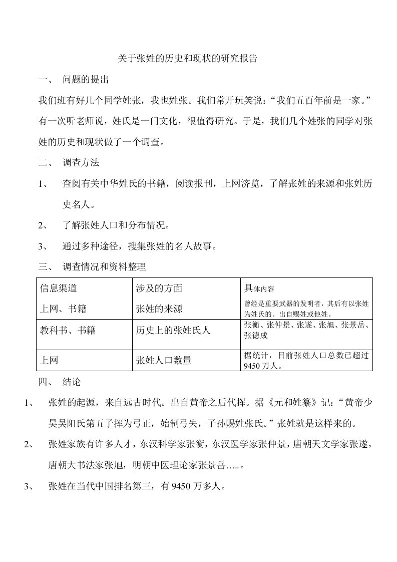 关于张姓的历史和现状的研究报告