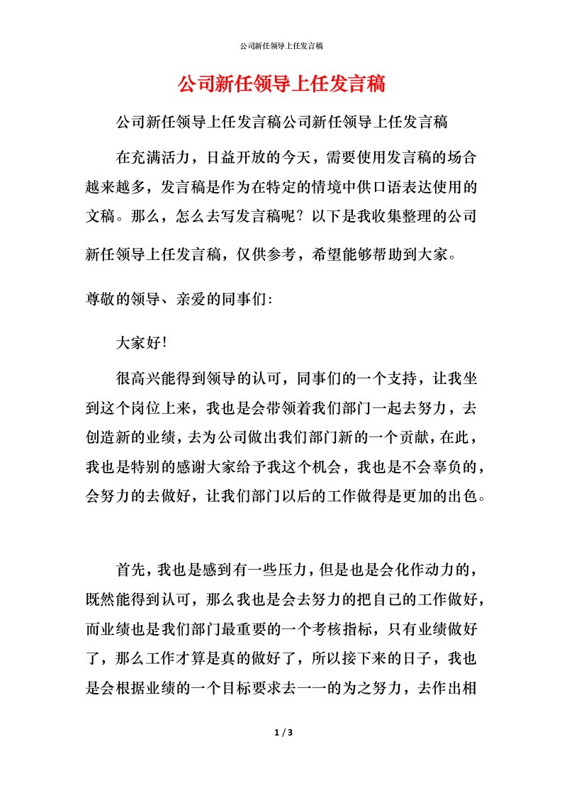 精编公司新任领导上任发言稿