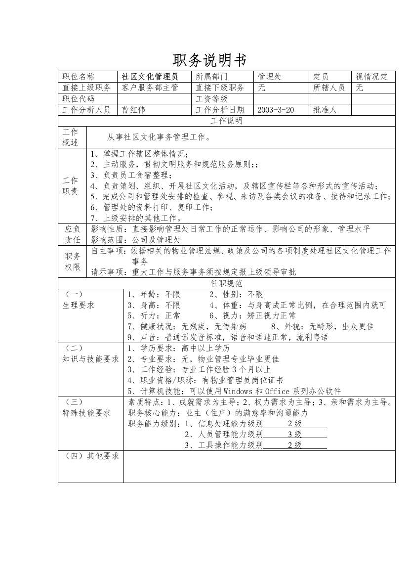 社区文化管理员职务说明书