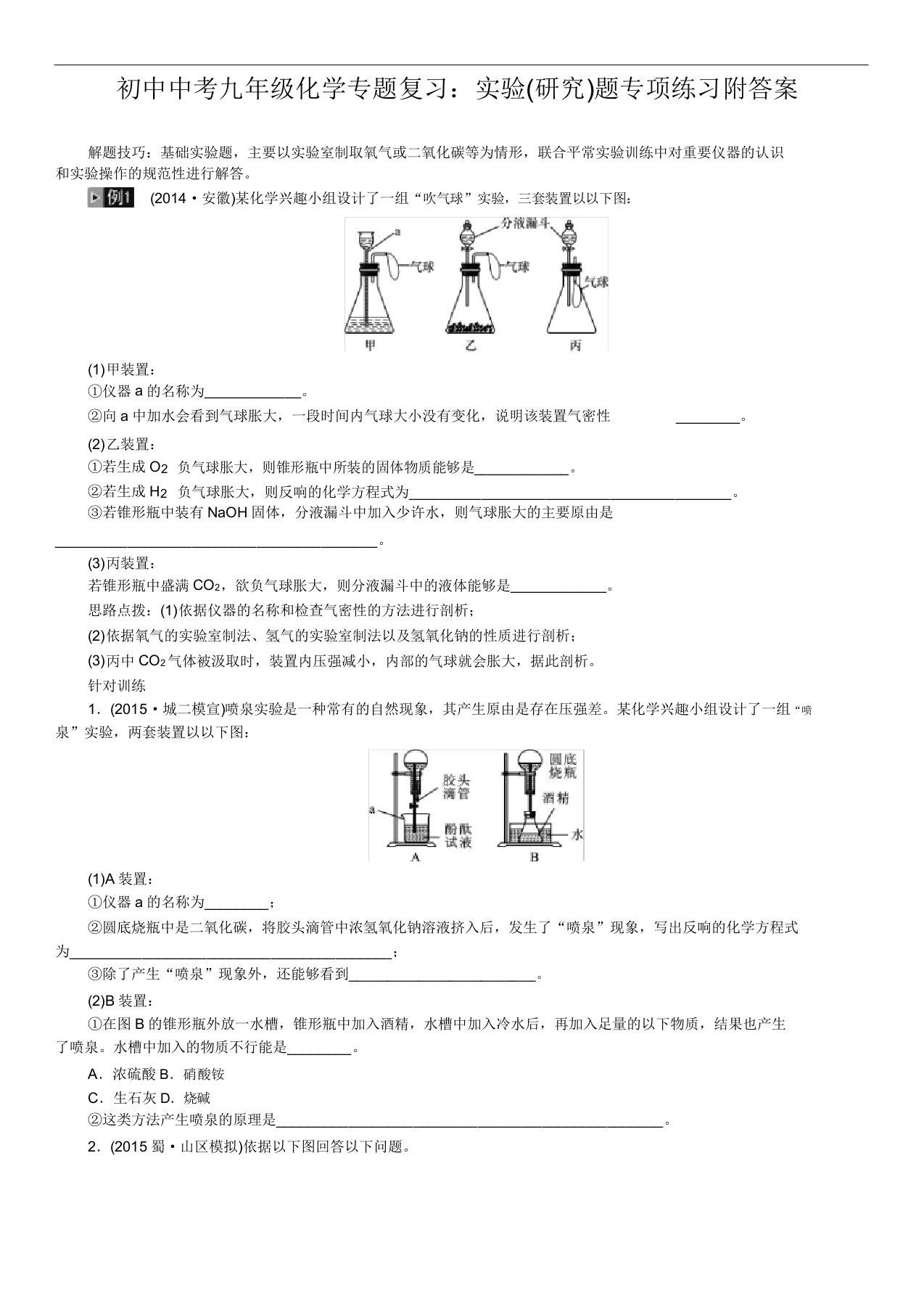 中考九年级化学专题复习实验(探究)题专项练习