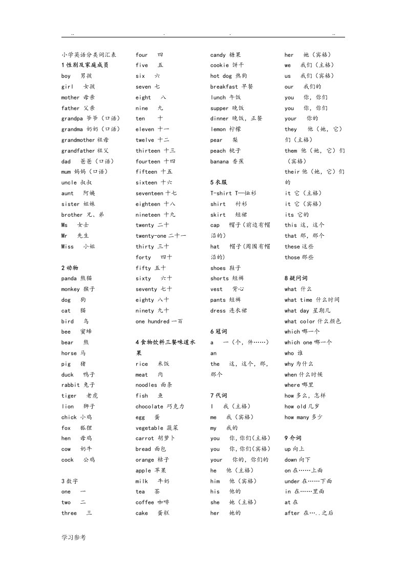 小学英语分类词汇表