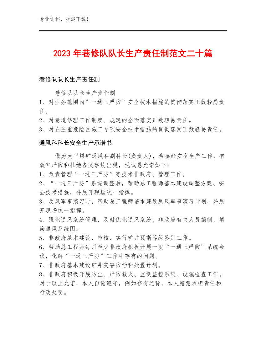 2023年巷修队队长生产责任制范文二十篇