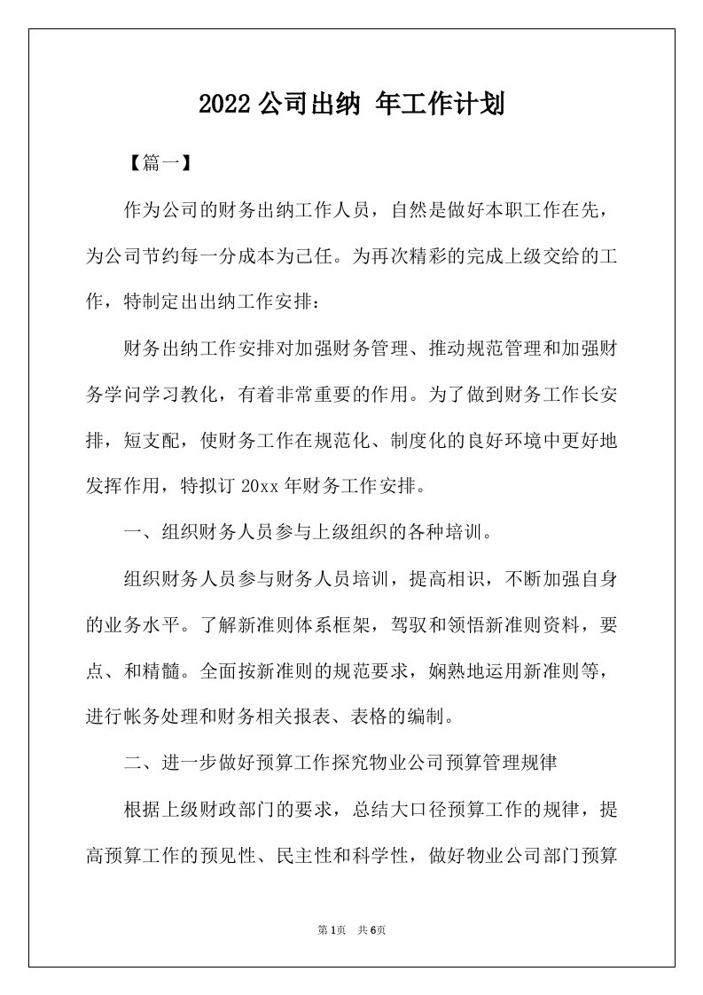 2022年公司出纳年工作计划