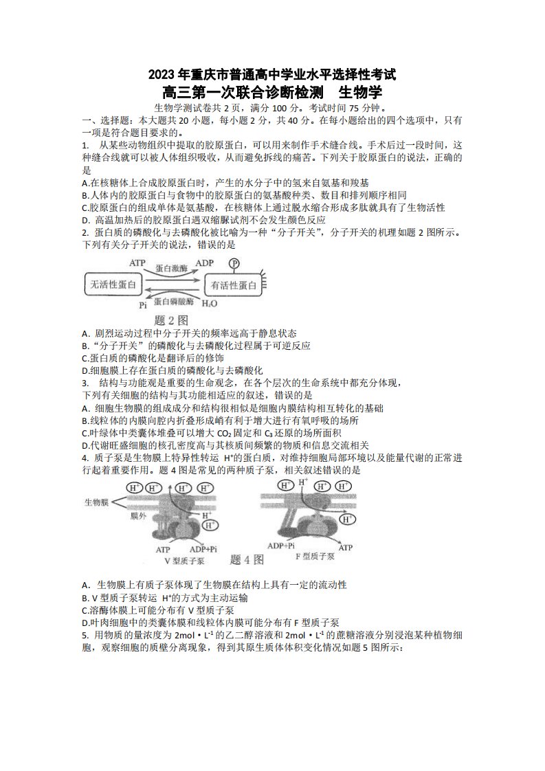 重庆市2023届高三第一次联合诊断检测（康德卷）生物试卷+答案