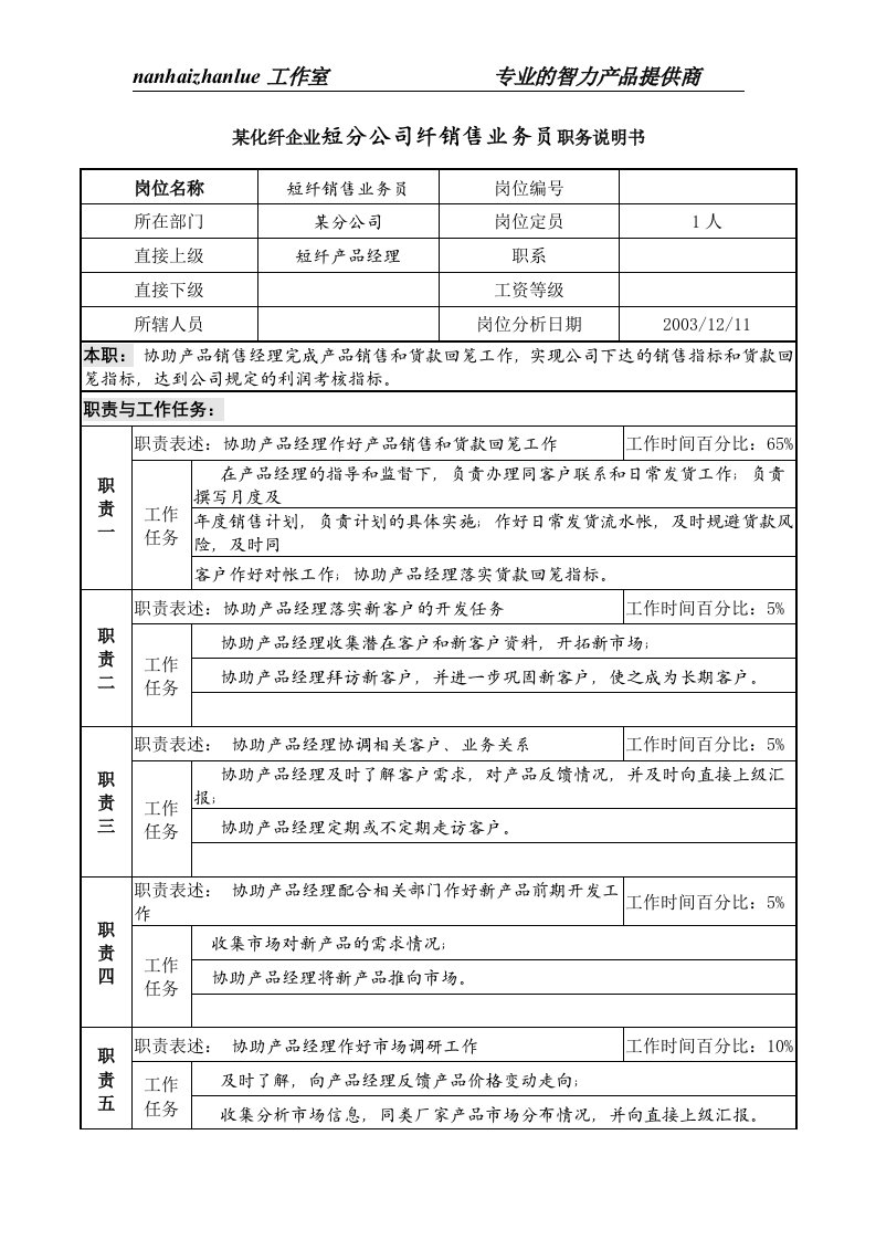 精选某化纤企业分公司短纤销售业务员职务说明书