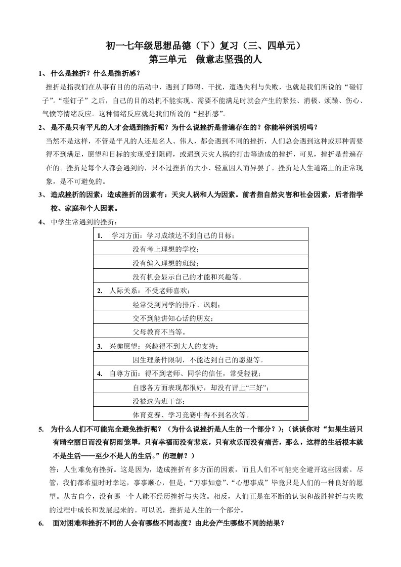 七年级思想品德下册复习资料汇总3-4单元(人教版)