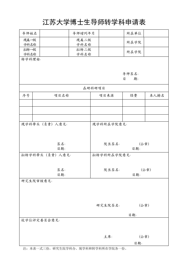 江苏大学博士生导师转学科申请表