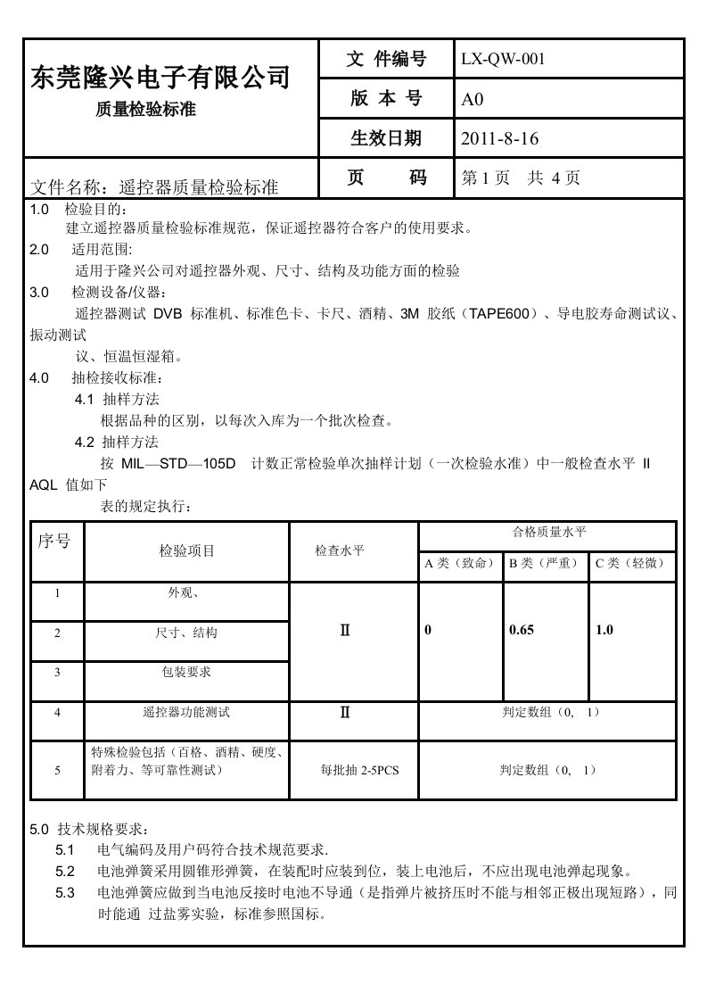 遥控器质量检验规范