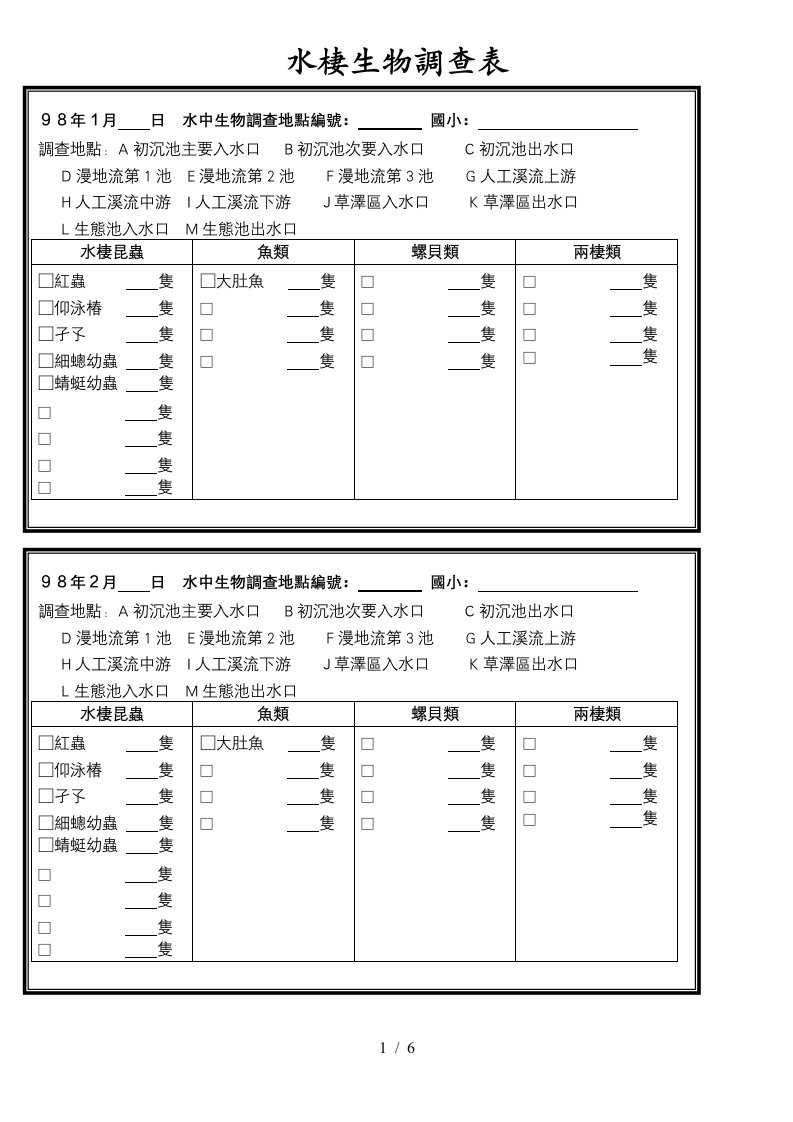 水栖生物调查表