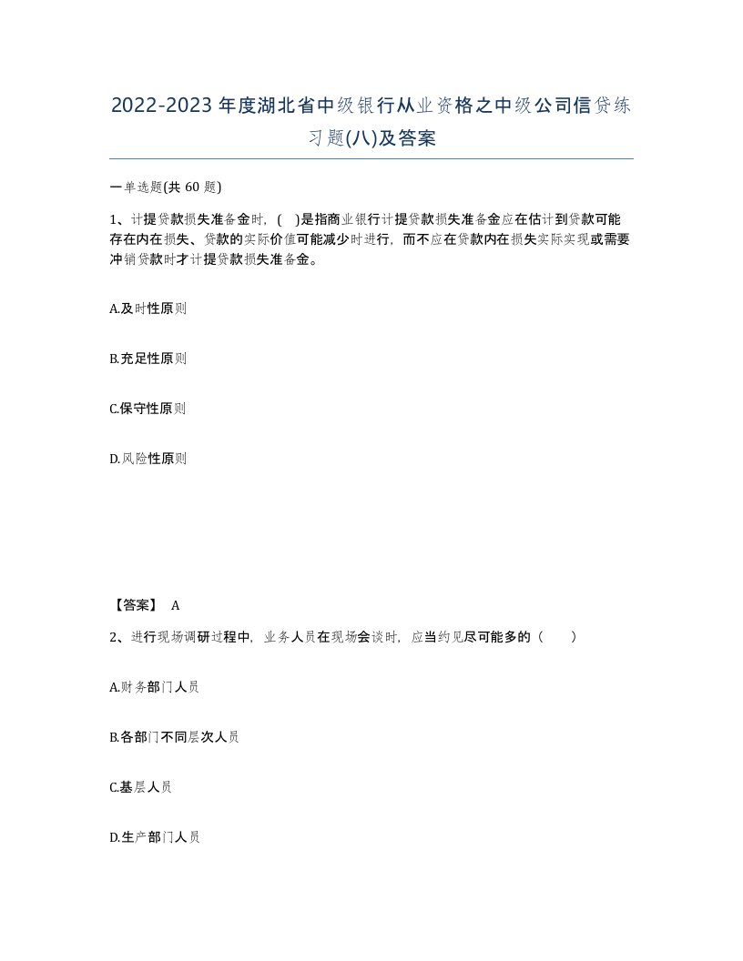 2022-2023年度湖北省中级银行从业资格之中级公司信贷练习题八及答案