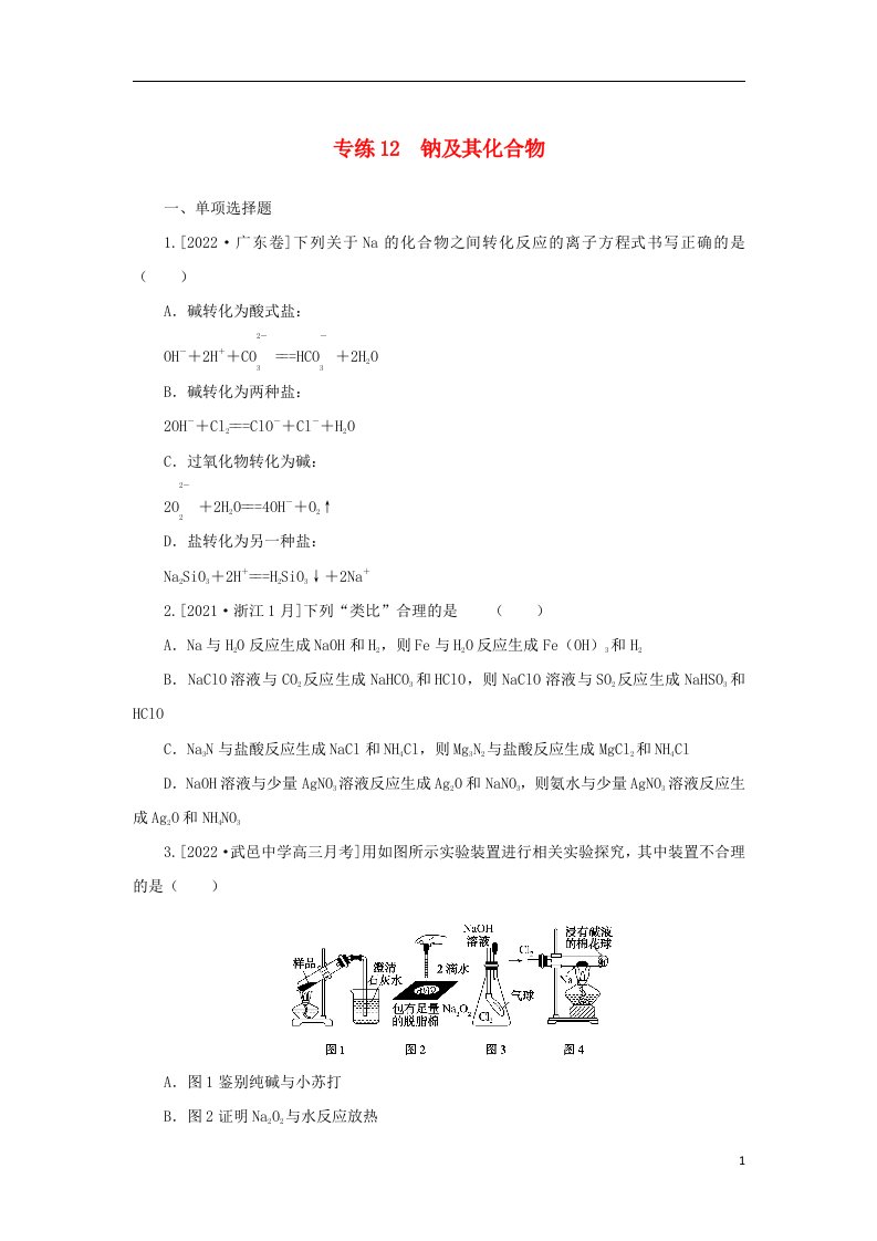 2023版新教材高考化学微专题小练习专练12钠及其化合物