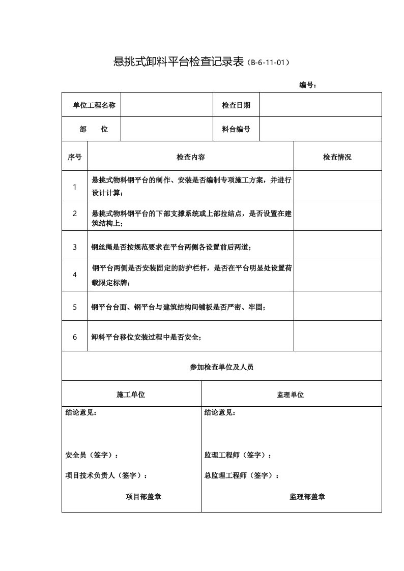 悬挑式卸料平台检查记录表