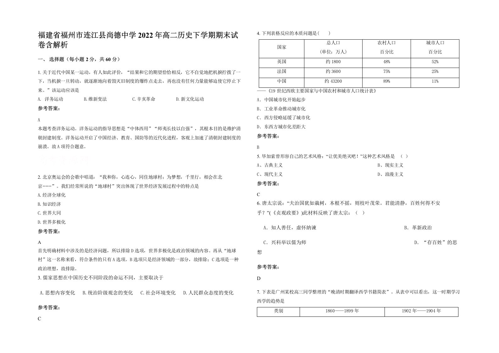 福建省福州市连江县尚德中学2022年高二历史下学期期末试卷含解析