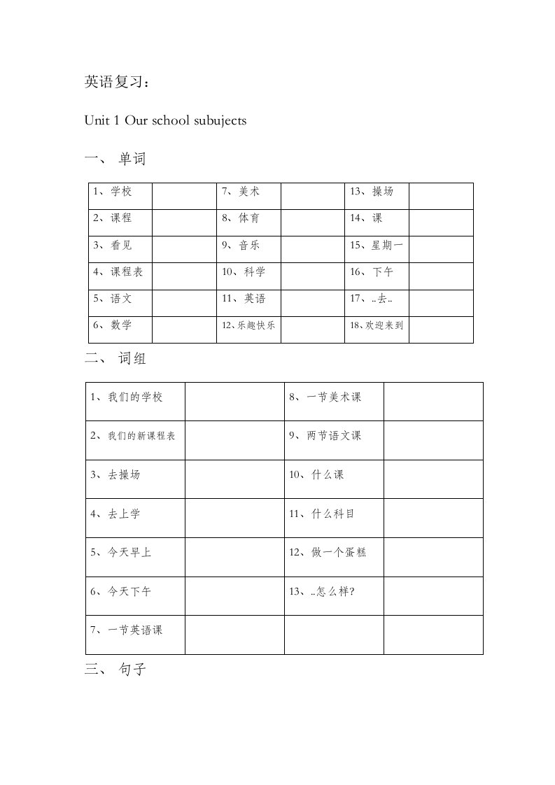 小学四年级下英语单词、词组、句子总复习