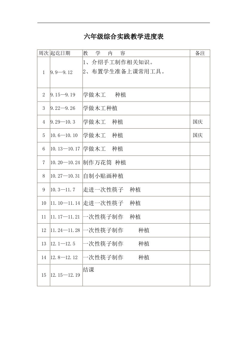 六年级综合实践课程教学进度表